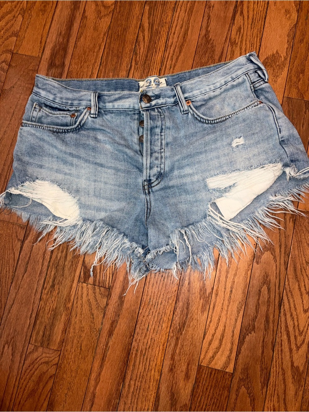 Free People Light Blue Distressed Frayed-Hem Denim Shorts 29